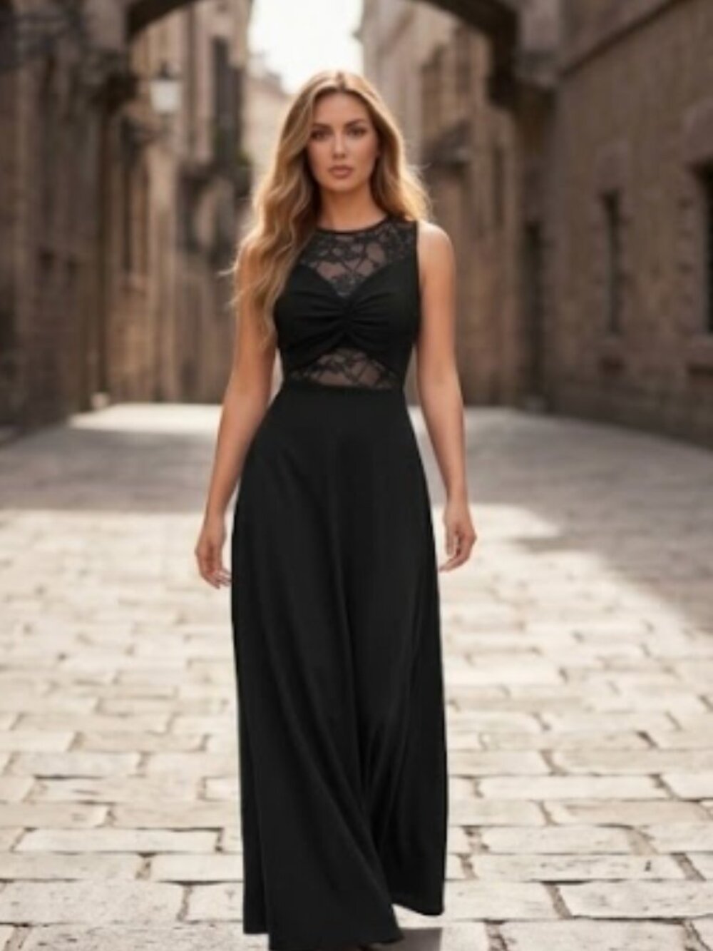Black Sleeveless Lace Insert Maxi Dress – Ruched Twist Bodice Illusion Dress